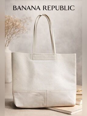 Banana Republic Cream Off White Quilted-Texture Leather Tote Large Shoulder Bag